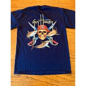 Guy Harvey Men's M Blue Pirate Skull Fish Graphic Crew Neck Cotton T-Shirt